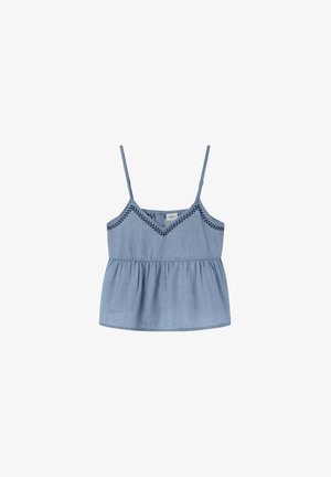 Denim-Camisole mit verstellbaren Trägern, V-Ausschnitt und floralem Stickmuster entlang des Ausschnitts. Hellblaue Farbe mit Peplum-Silhouette.