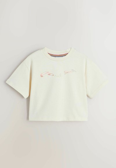 T-shirt court à manches courtes crème avec un écriture subtile « Paul Smith » pastel sur la poitrine, col rond et coupe décontractée.