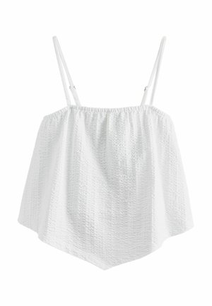 Hvid ærmeløs top med tynde justerbare stropper og tekstureret stof med lodrette striber, løs pasform og asymmetrisk kant.