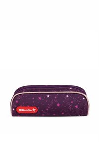 Astuccio viola in tessuto, con motivo a stelle rosa e bianche, dotato di chiusura con zip e accento del logo rosso.