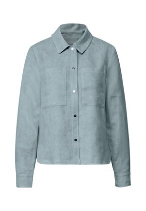 Light blue corduroy shirt jacket with a collar, two front pockets, and black buttons. Features a textured fabric and long sleeves.