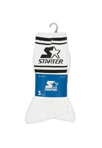 Weiße Sportsocken mit schwarzen Streifen und einem Logo. Das Paket enthält drei Paar und ist passend für EU-Größen 39-42 sowie UK-Größen 6-8.