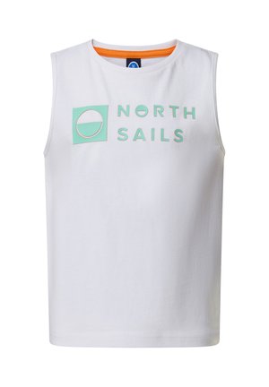 Canottiera bianca con scritta e logo "NORTH SAILS" color menta sul petto, caratterizzata da una scollatura rotonda con bordino interno arancione.