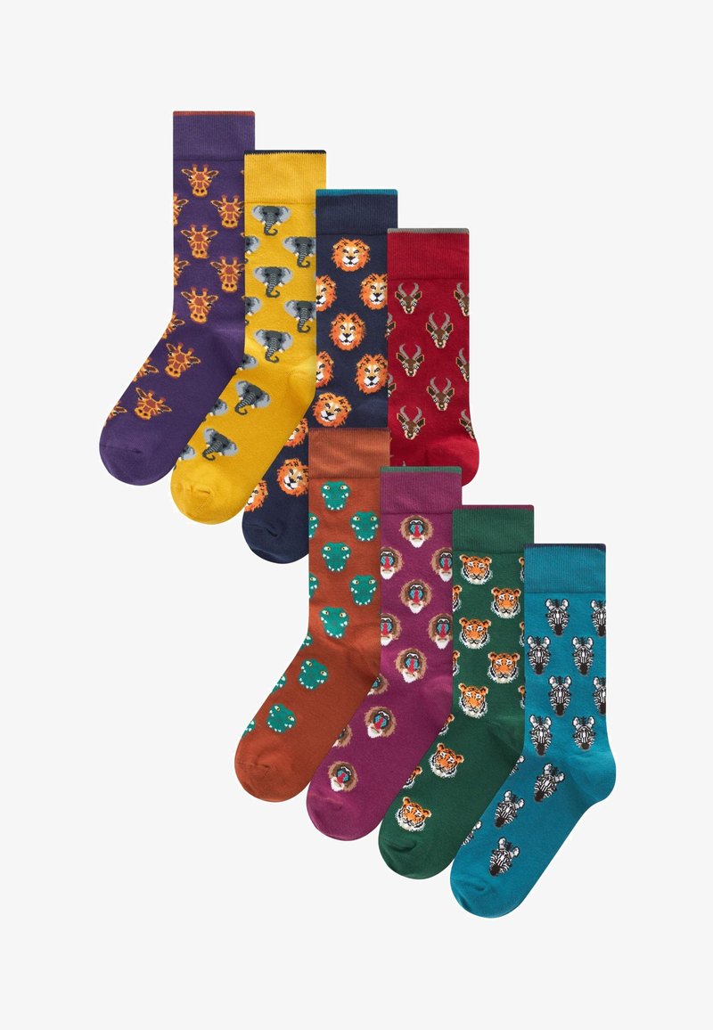 Sosete asortate cu modele de animale: girafe, elefanți, lei și tigri în culori vibrante precum violet, galben și verde.