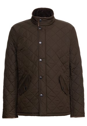 Brown quilted jacket with a high collar, featuring five black buttons and two side pockets with flap details. Smooth, textured fabric.