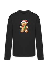 Schwarzes Langarmshirt mit einem Motiv eines Lebkuchenmanns. Der Lebkuchenmann hat einen roten Hut, einen grünen Schal und weiße Zuckergussdetails.