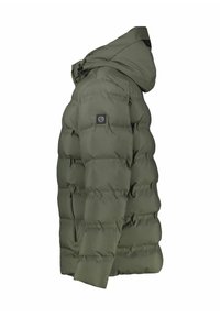 Oliwkowa pikowana kurtka puchowa z kapturem, z przeszywanym wzorem, boczną kieszenią na suwak i naszywką z logo na lewym rękawie.
