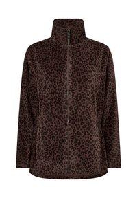 Brun leopardmønstret fleecejakke med høj krave, fortil lynlås og afslappet pasform med let samlede sider. Blød tekstur.
