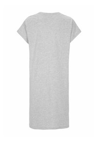 Grå kortärmad T-shirtklänning tillverkad av bomullsblandat tyg. Har en avslappnad passform och rundad halsdesign. Slät yta utan mönster.