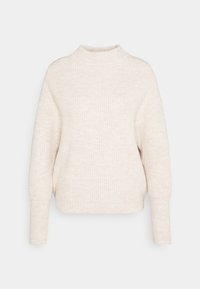 Beżowy sweter z dzianiny o wysokim kołnierzu, opadających ramionach i prążkowanej strukturze. Posiada długie rękawy i lekko skrócony brzeg.