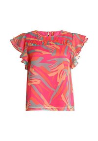 Blouse à manches courtes en rose vif avec des motifs abstraits orange et bleu. Dotée d'un col volanté et d'un tissu léger et transparent.