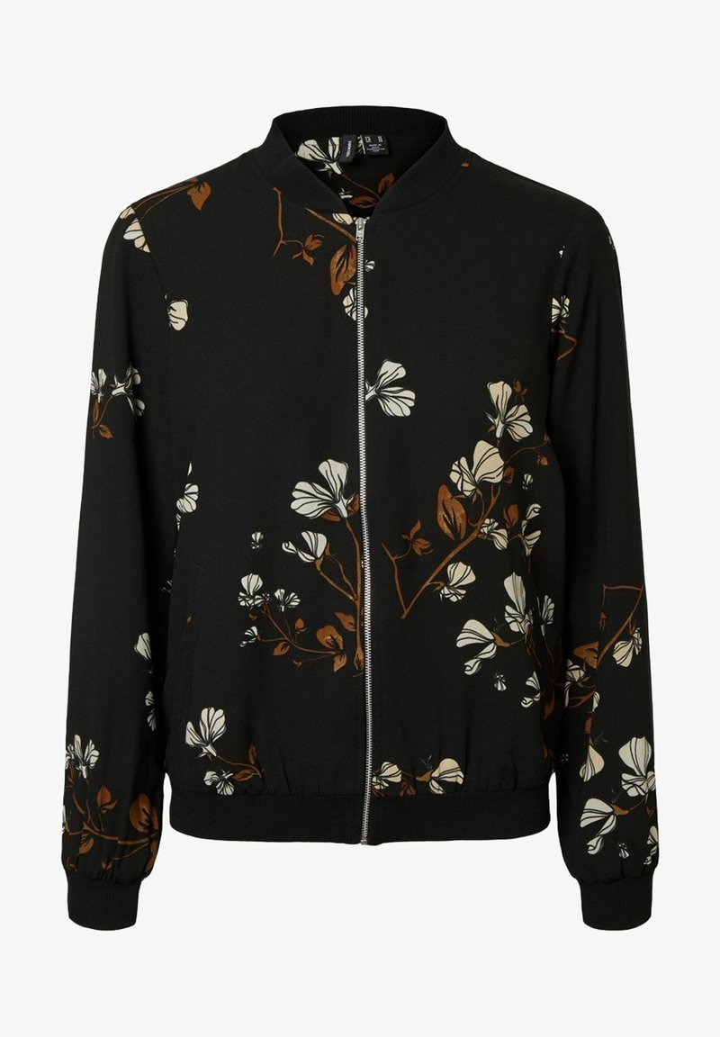 Veste bomber noire zippée avec motifs floraux blancs et marrons sur branches, col, poignets et ourlet côtelés.