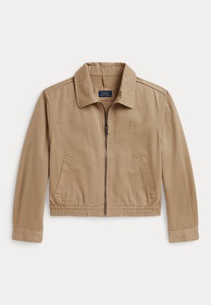 Veste beige zippée avec col, poches avant, ceinture élastique et petit logo brodé sur le côté gauche de la poitrine.