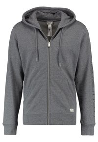 Sudadera gris con cremallera hecha de una tela suave, que cuenta con capucha ajustable, dos bolsillos frontales y detalle de logo a lo largo de la manga.