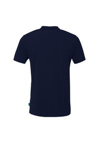 Navyblauwe polo met korte mouwen, gemaakt van zachte katoen. Voorzien van een klassieke kraag en een label aan de onderzijde aan de linkerkant. Achteraanzicht weergegeven.