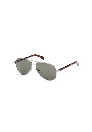Ochelari de soare aviator cu ramă metalică, lentile gri închis și brațe cu model țestoasă. Dispune de perne nazale ajustabile pentru confort.