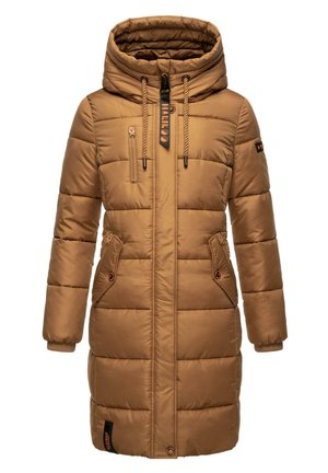 Brown padded coat with a hood, featuring two side pockets, a front zipper, and contrasting drawstrings. Fabric has a smooth texture.