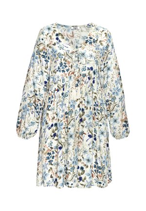 Floral-patterned dress in cream, featuring blue and green flowers. Long sleeves, gathered detail, and tie accent at neckline. Lightweight fabric.