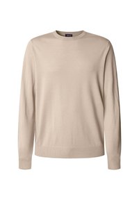 Maglione beige a maglia con scollatura a girocollo, maniche lunghe, e polsini e orlo a coste. Texture liscia senza motivi o accessori aggiuntivi.