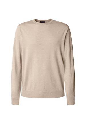 Beige gebreide trui met een ronde halslijn, lange mouwen en geribbelde boorden en zoom. Gladde textuur zonder patronen of extra hardware.