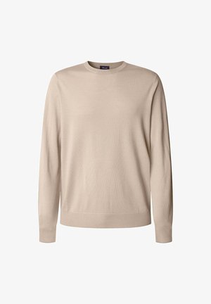 Beige gebreide trui met een ronde halslijn, lange mouwen en geribbelde boorden en zoom. Gladde textuur zonder patronen of extra hardware.