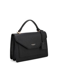 Borsa a mano in pelle nera con finitura testurizzata, forma strutturata, manico superiore, chiusura magnetica e un'accattivante accentatura in oro sul davanti.