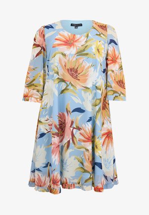 Light blue dress with large floral print in peach, yellow, and white, featuring three-quarter sleeves and ruffled hem.