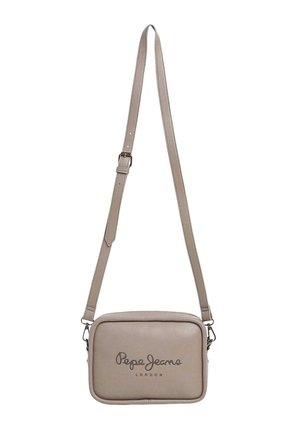 Borsa a tracolla rettangolare beige con tracolla regolabile e logo "Pepe Jeans London" stampato sul davanti.