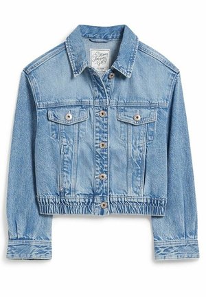 Veste en denim bleu clair courte avec fermeture à boutons, deux poches poitrine à rabat et taille élastique.