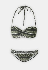 Bikini set in animal and striped patterns. Halter neckline top with molded cups, matching low-rise bottom. Colors include black, green, and white.