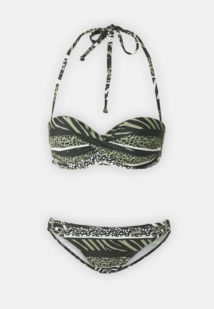 Μπικίνι σε σχέδια ζώων και ρίγες. Τοπ με λαιμόκοψη halter και διαμορφωμένα cups, αντίστοιχο χαμηλόμεσο σλιπ. Χρώματα: μαύρο, πράσινο και λευκό.