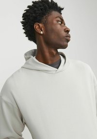 Lys grå hoodie med en afslappet pasform, der har en stor hætte og blød tekstur. Beklædningen har et minimalistisk design uden synlige logoer.