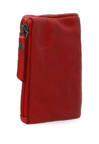 Red leather wallet with a textured finish, featuring a side zipper and a snap button closure. Compact rectangular shape.