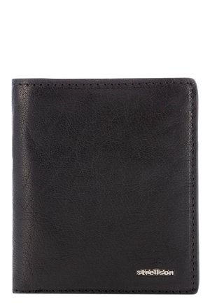 Black leather wallet with a smooth texture, bi-fold design, and subtle stitching accents. Features a silver logo at the lower right corner.