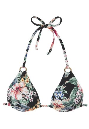 Kvetovaný bikiny s trojuholníkovými pohárikmi v čiernej farbe, zdobené farebnými vzormi hibiskusu a listov. Nastaviteľné šnúrky na viazanie a zlaté kovové akcenty.
