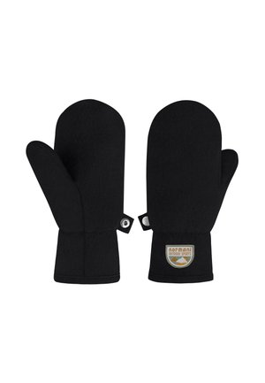 Ein Paar schwarze Fleece-Handschuhe mit Daumenbereichen und einem Outdoor-Sport-Aufnäher an einem Handgelenk auf weißem Hintergrund.