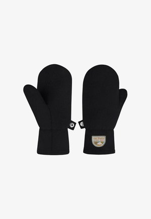 Ein Paar schwarze Fleece-Handschuhe mit Daumenbereichen und einem Outdoor-Sport-Aufnäher an einem Handgelenk auf weißem Hintergrund.