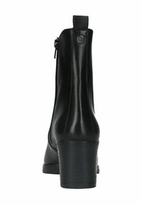 Zwarte leren enkelboots met een hoge blokhak, een zijrits, verticale naaddetails en een lusvormige trekband aan de achterkant.