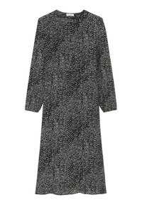 Schwarzes Kleid mit einem verstreuten weißen Punktmuster, langen Ärmeln, rundem Ausschnitt und lässiger Passform, aus leichtem Stoff gefertigt.