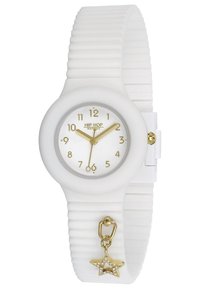 Hvid silikoneur med en rund urskive og guld timeindikatorer. Har et charmeformet som en stjerne med rhinsten. Tekstureret rem.