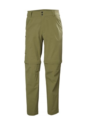 Olive green, lightweight, zip-off trousers with a straight leg design, two front pockets, and one side cargo pocket. Synthetic material.