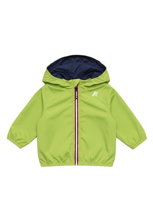 Giacca con cappuccio per bambini verde chiaro con fodera blu navy, cerniera frontale a strisce rosse, bianche e blu, polsini e orlo elasticizzati.