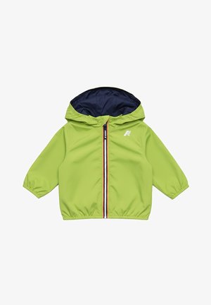 Giacca con cappuccio per bambini verde chiaro con fodera blu navy, cerniera frontale a strisce rosse, bianche e blu, polsini e orlo elasticizzati.
