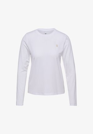 Vit långärmad t-shirt i bomull med rund halsringning och en liten beige zigzag-logotyp på vänster bröst.