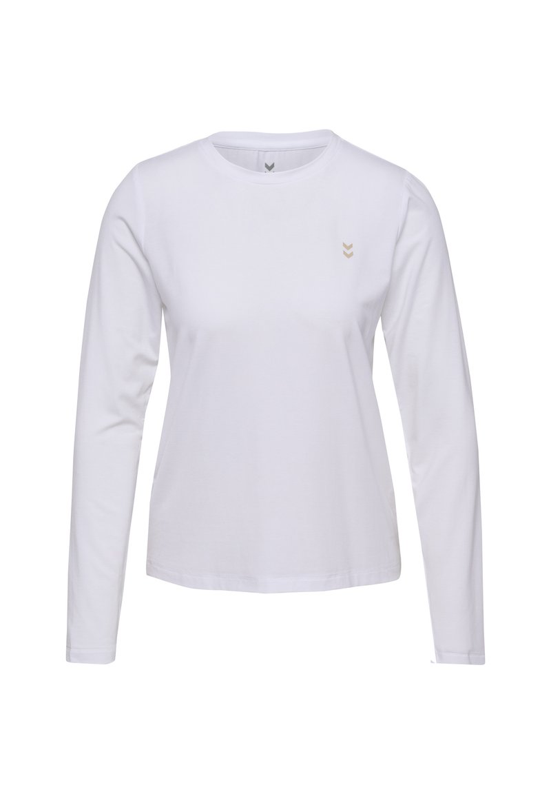 Witte lange mouwen t-shirt van katoen, met een ronde hals en een klein beige chevron-logo op de linkerborst.