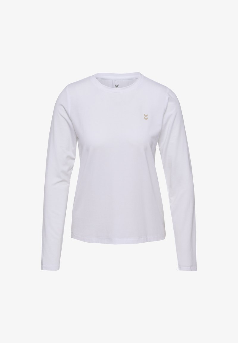 Witte lange mouwen t-shirt van katoen, met een ronde hals en een klein beige chevron-logo op de linkerborst.