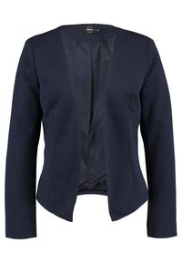 Marinblå kvinnors skräddarsydd kavaj med långa ärmar, öppen front, subtilt texturerad tyg och slät innerfoder.