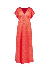 Rode kanten maxi-jurk met korte mouwen, V-hals en strikdetail bij de buste. Kenmerkt zich door ingewikkelde bloemmotieven en een vloeiende silhoutte.