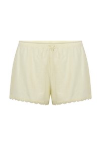 Geel katoenen shorts met een gestructureerd patroon, elastische tailleband en een satijnen strikdetail; voorzien van geschulpte kantafwerking aan de zoom.