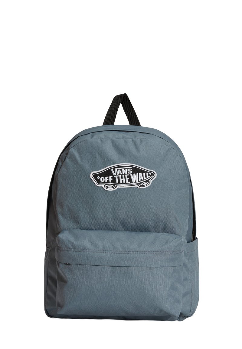 Harmaan tekstiilirepun pinta on sileä, ja siinä on etutasku sekä musta logotarra, jossa lukee "VANS 'OFF THE WALL'."